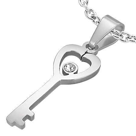 Ladies Stainless Steel Silver Open Love Heart Key Purity Pendant w/ CZ