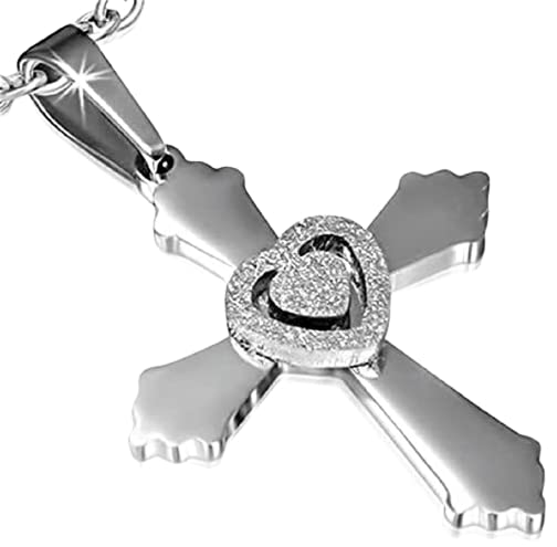 Stainless Steel Sandblasted Love Heart Fleur De Lis Cross Pendant - PLY1127