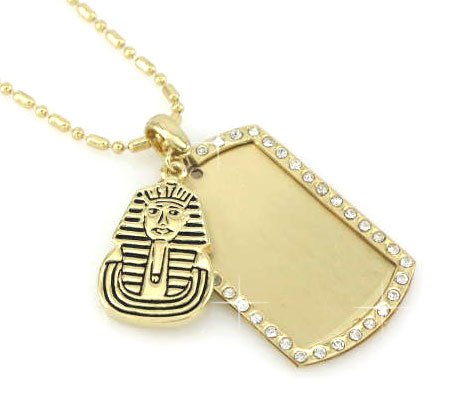 KING TUT PHARAOH- Dog Tag Pendant Coved With Rhine Stones Gold Tone Necklace Pendant-free Chain