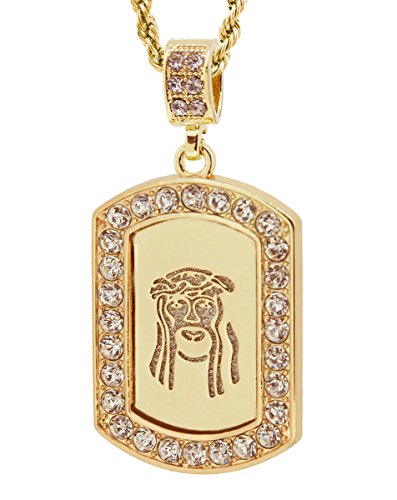 GIFTS INFINITY Gold Tone Dog Tag Style Jesus Face Pave Pendant Free 24" Rope Chain #2032