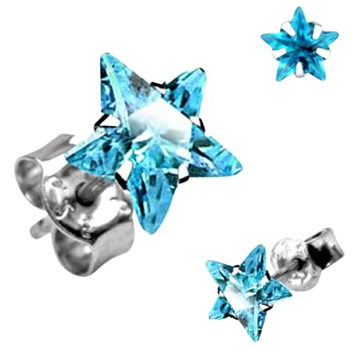 Pair of .925 Sterling Silver Stud Earring w/Aqua Star Shaped 5 MM Cubic Zirconia