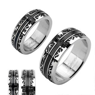 Stainless Steel Black IP Tribal with a Cross Ring Size 7