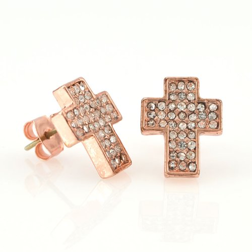 Bling Iced Out Rose Gold Tone Block Cross CZ Stud Earrings