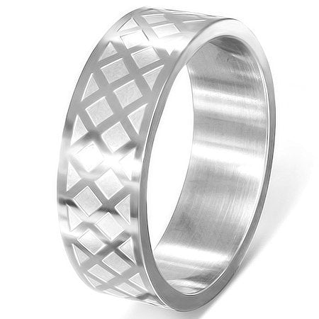 Blingforfun Size 13 Silver Tone Stainless Steel Grid/Checker Flat Band Ring