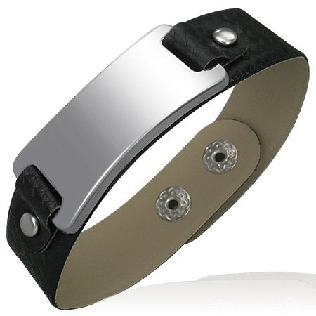 PVC Leather Snap Bracelet w/ Stainless Steel Engravable Watch-Style