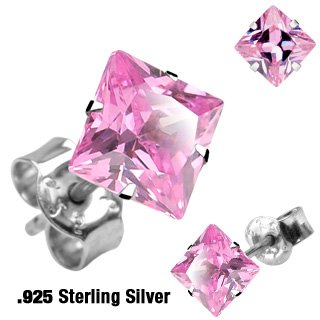 Pair of .925 Sterling Silver Stud Earring w/Pink Princess Cut Shaped 7 MM Cubic Zirconia