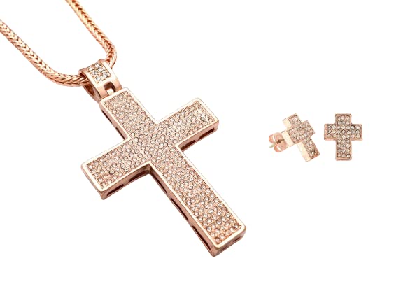 Hip Hop Bling Rose Gold Tone Jesus Block Cross Pendant and Earrings Set