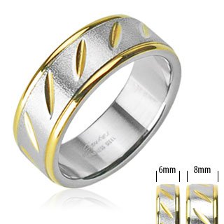 Blingforfun Size 6 Surgical Stainless Steel Couple Ring/IP Gold/Brushed Steel Center/Dia Cut