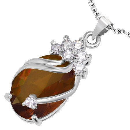 Ladies Fashion Alloy Faceted Clear & Sandy Brown Crystal Flower Vine Oval Charm Pendant