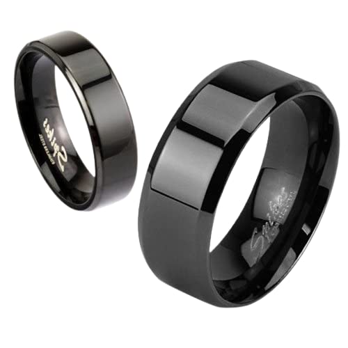 Size 11 Black IP Over Stainless Steel Beveled Edge Flat Band Ring