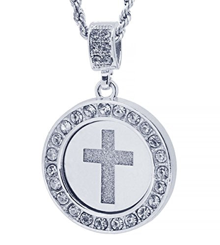 GIFTS INFINITY Silver Tone Round Cut Out Block Cross Pave Pendant Free 30" Rope Chain #2030