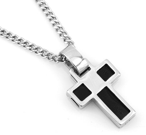 Hip-Hop Iced Silver - Black Tone Square Box Cross Pendant Necklace Free 24" chain