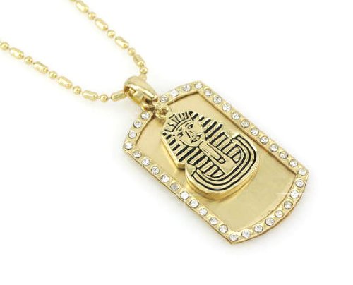 KING TUT PHARAOH- Dog Tag Pendant Coved With Rhine Stones Gold Tone Necklace Pendant-free Chain