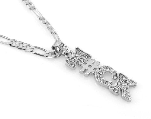 Unisex Hip-Hop Iced Silver Tone F#ck Pendant Necklace Free 24" chain Stainless Steel