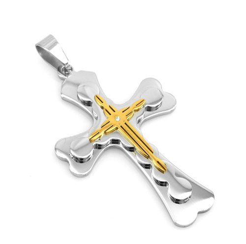 Stainless Steel Silver - Gold Tone Budded Cross Pendant Necklace