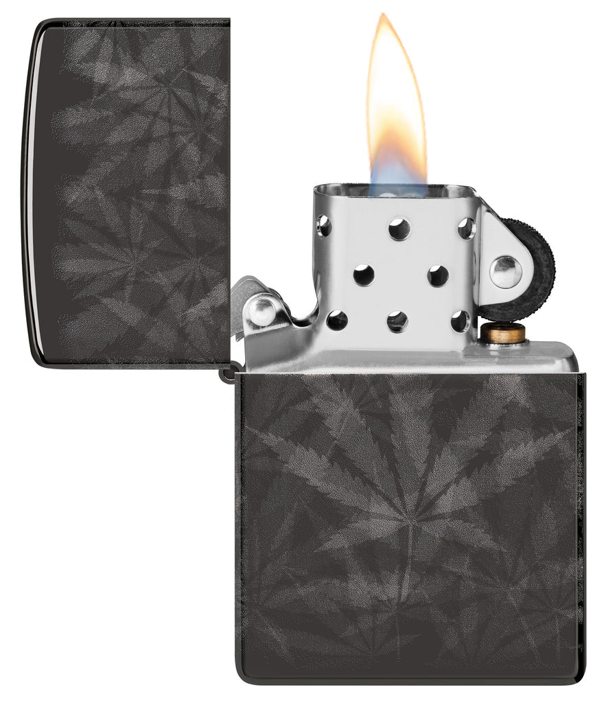 Zippo Cannabis Design High Polish Black Lighter in a Subtle and Smoky Photo Image