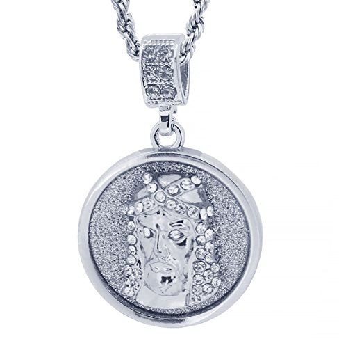 GIFTS INFINITY Silver Tone Round Jesus Full Face Pave Pendant Free 24" Rope Chain #2018