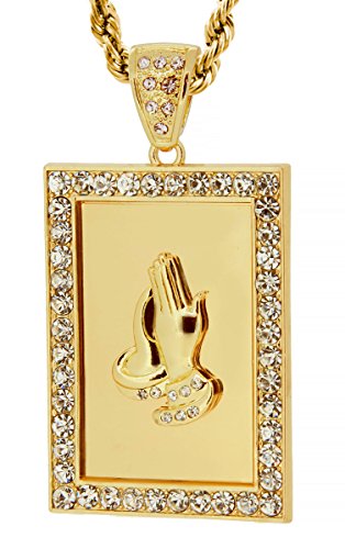 GIFTS INFINITY Gold Tone Rectrangle Praying Hands Pendant with Free 30" Rope Chain