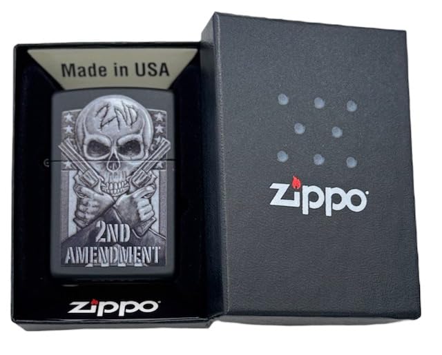 Custom Personalized Zippo Second Amendment, Skull and Guns, Brushed Chrome Classic Windproof lighters - Free Engraving (Matt Black)