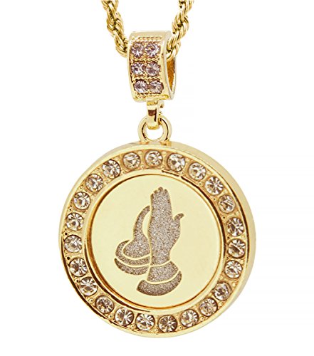 GIFTS INFINITY Gold Tone Round Cut Out Praying Hands Pave Pendant Free 24" Rope Chain #2027