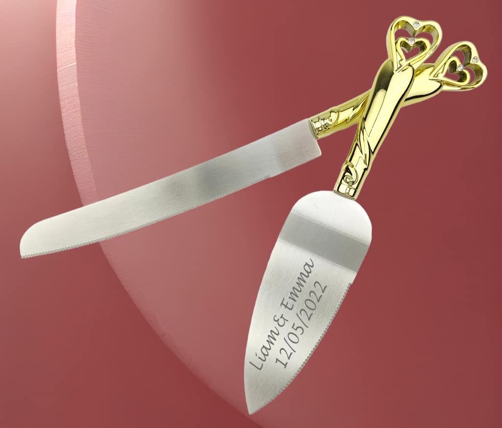 Gifts Infinity Personalized Gold Interlock Hearts Wedding Cake Knife and Server Set Free Engraving