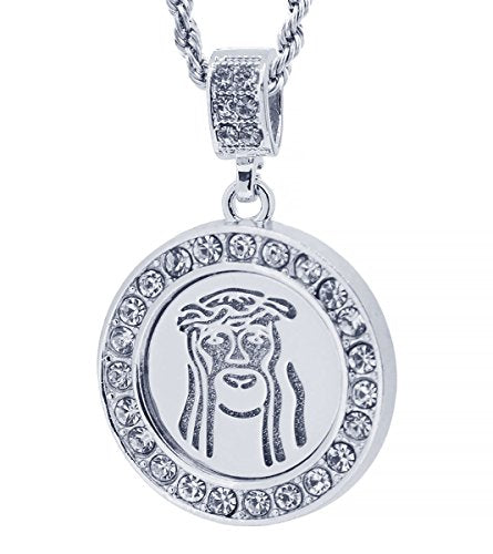 GIFTS INFINITY Silver Tone Round Cut Out Jesus Face Pave Pendant Free 30" Rope Chain #2026