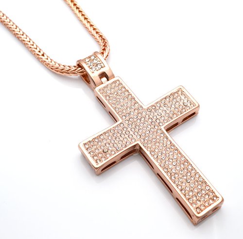 Hip Hop Bling Rose Gold Tone Jesus Block Cross Pendant and Earrings Set