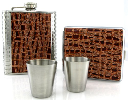 Set 8oz Stainless Steel Flask, cigarette case And Shot glasses Groomsman Gift