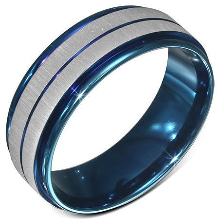 Size 9 Stainless Steel Blue Color Plated 2-tone Satin Finish Beveled Edge Comfort Fit Half Round Band Ring