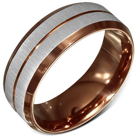 Size 9 Stainless Steel Brown Color Plated 2-tone Satin Finish Beveled Edge Comfort Fit Half Round Band Ring