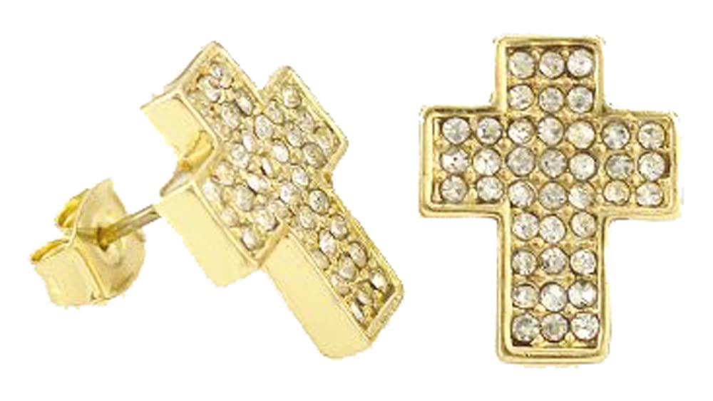 Gold Tone Plated CZ Block Cross Stud Earring