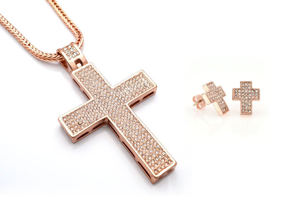 Hip Hop Bling Rose Gold Tone Jesus Block Cross Pendant and Earrings Set