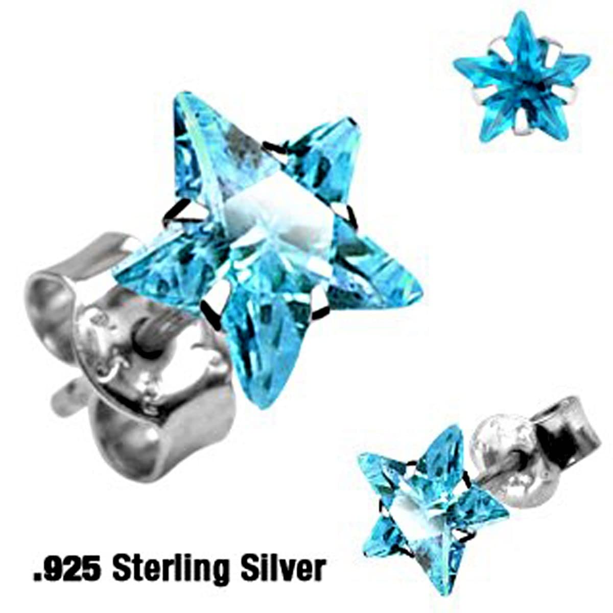 Pair of .925 Sterling Silver Stud Earring w/Aqua Star Shaped 5 MM Cubic Zirconia