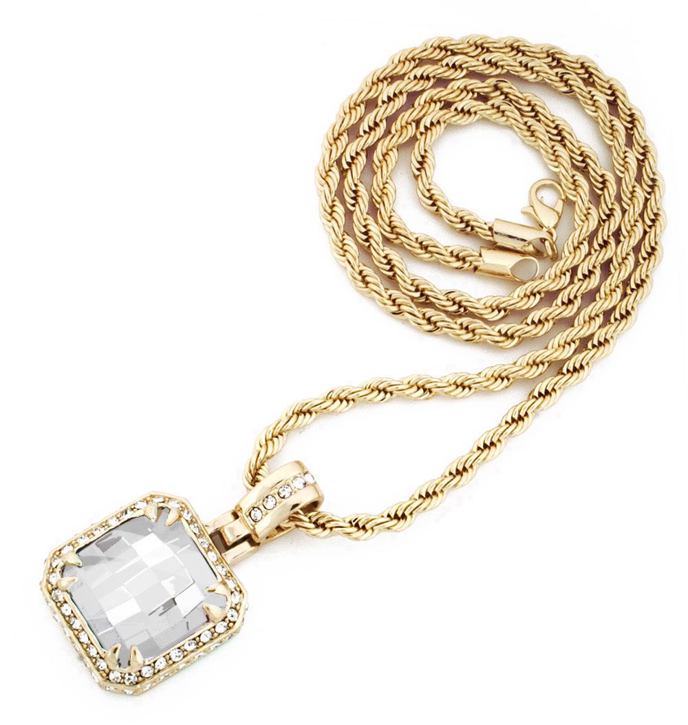 GIFTS INFINITY Gold Tone Synthetic Cz Stone Men Rick Ross Hip Hop Pendant Charm with Free 24" Chain (White)