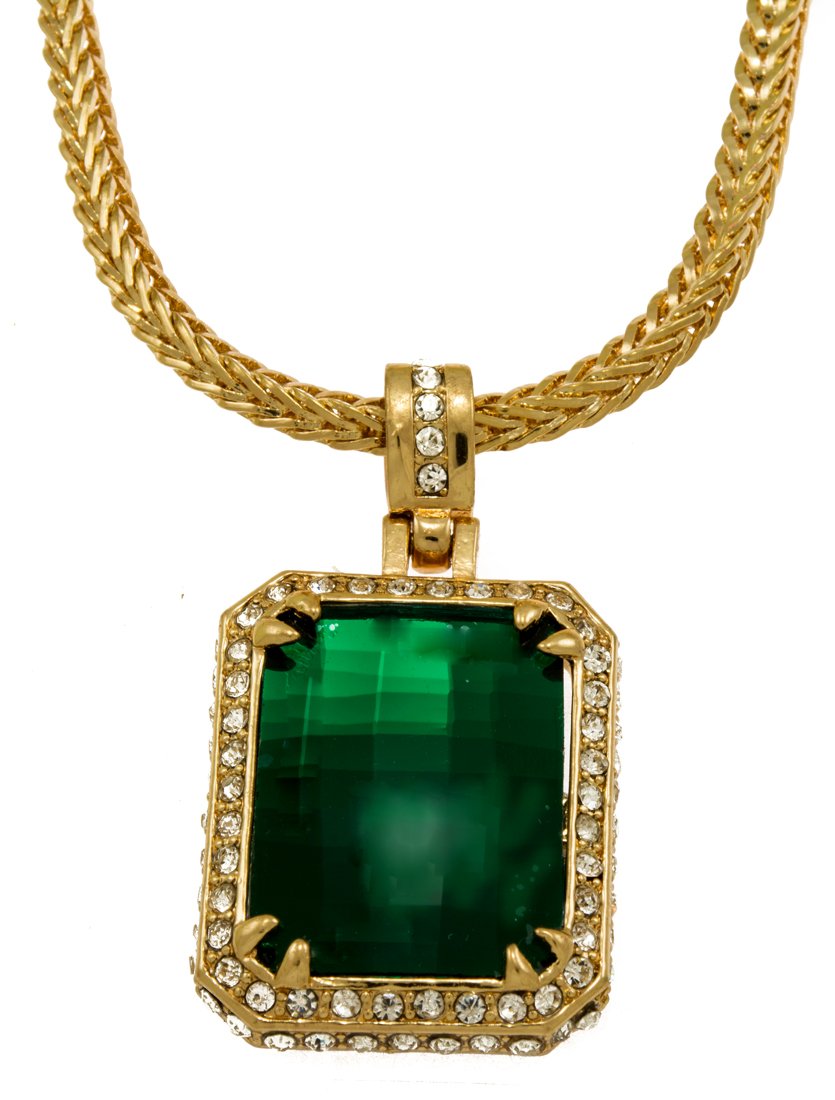 GIFTS INFINITY Gold Tone Synthetic Cz Stone Men Rick Ross Hip-Hop Pendant Charm with Free 36" Chain (Green), Trendy Celebrity Jewelry