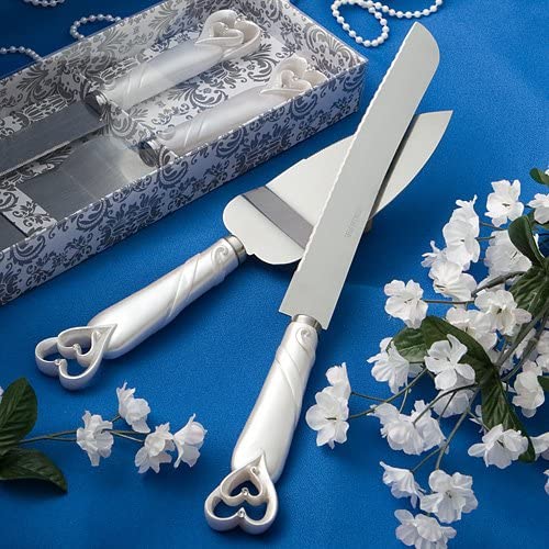 GIFTS INFINITY Personalized Wedding White Interlock Heart Cake Knife and Server Set Free Engraving (2401)