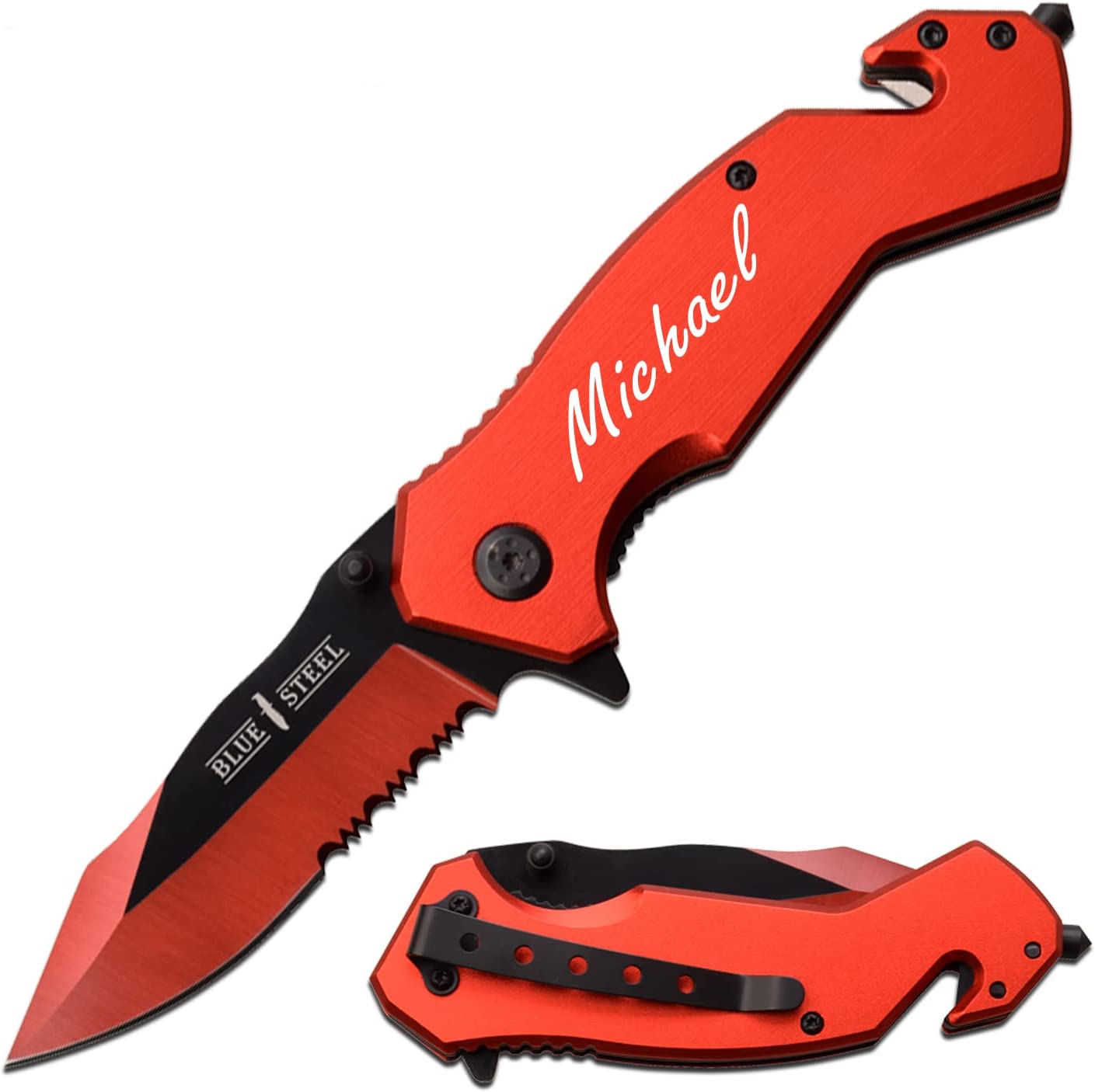 GIFTS INFINITY - 4.5" Closed Blue Steel Personalized Laser Engraved Pocket Knife – Red