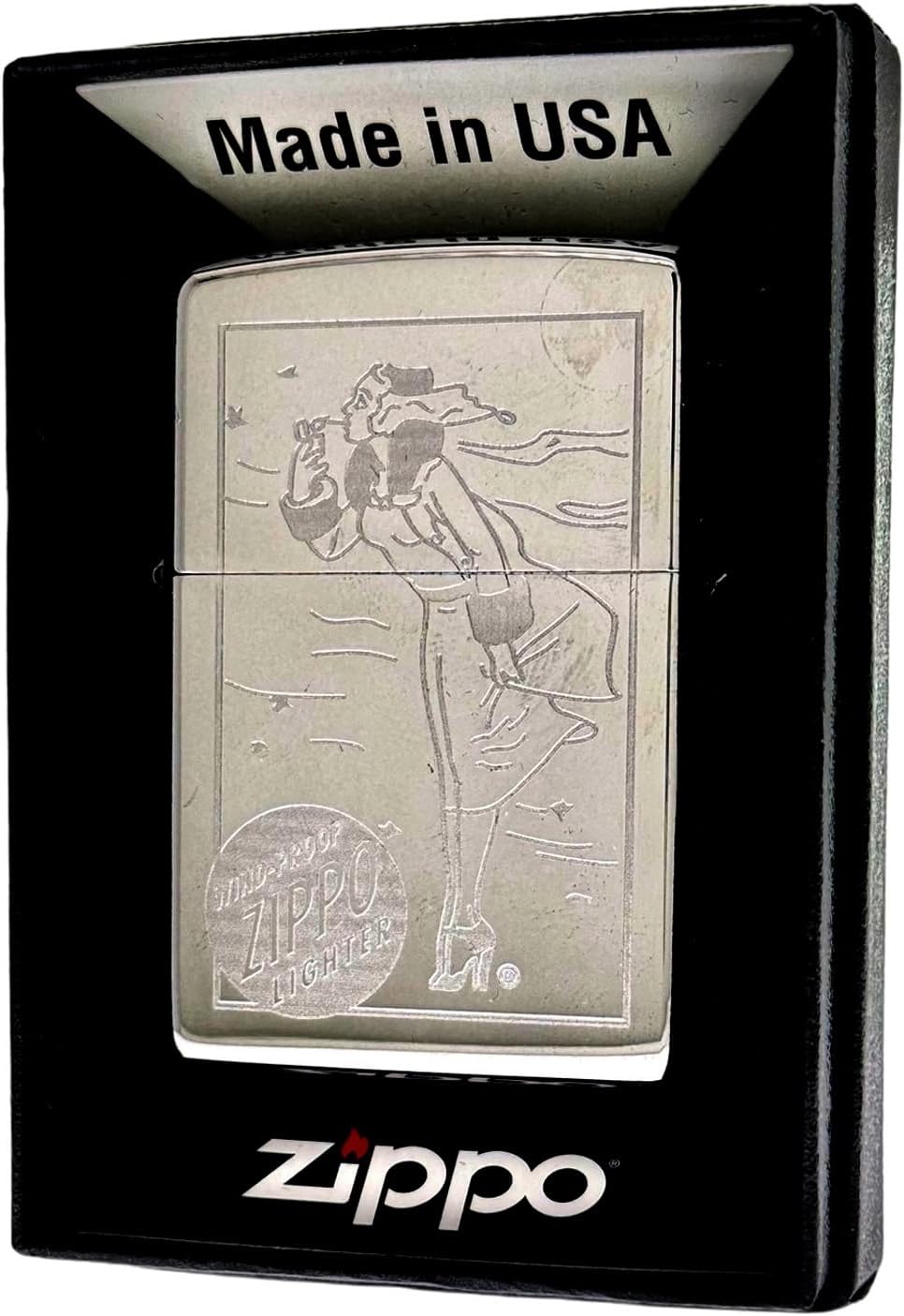 Personalized Zippo High Polsih Chrome Windy Girl Lighter Classic - Engraving (Silver)