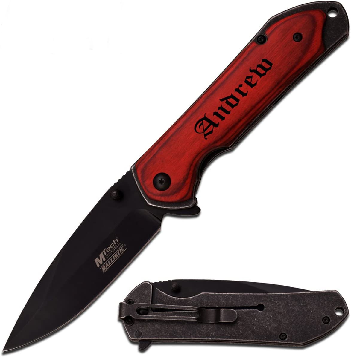 MTECH USA – Personalized Knife Pocket Knife with Free Engraving - Red Wood, Pack 1