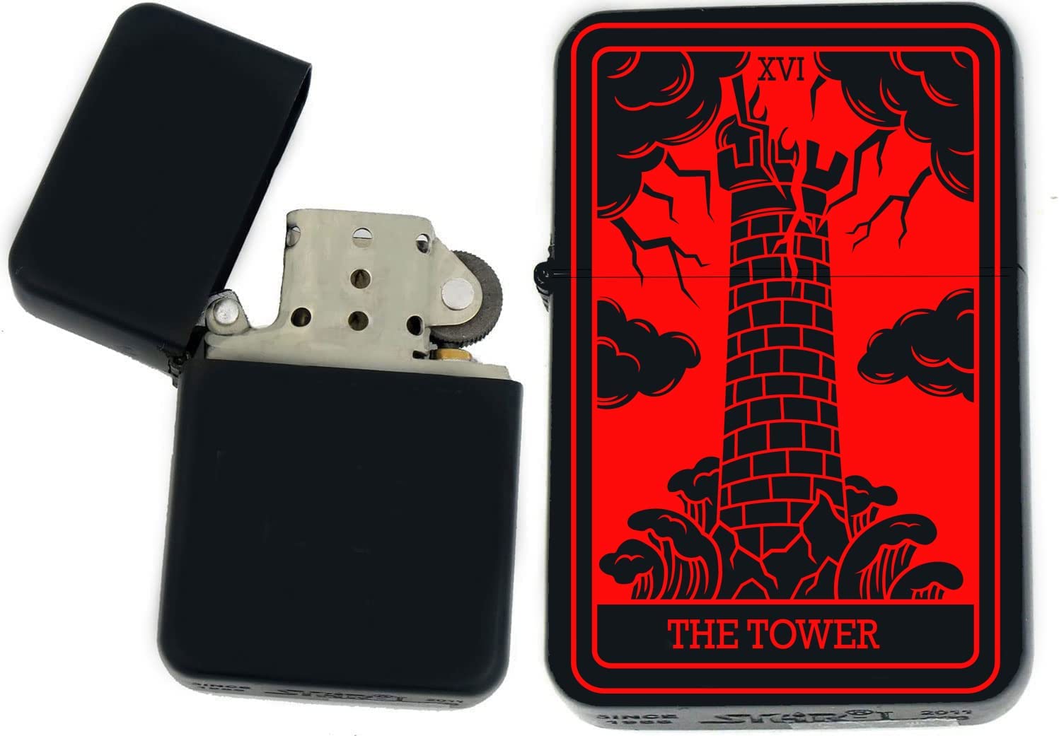 GIFTS INFINITY - Custom Tarot Card Windproof Lighters - Black Matt (The-Tower Red)