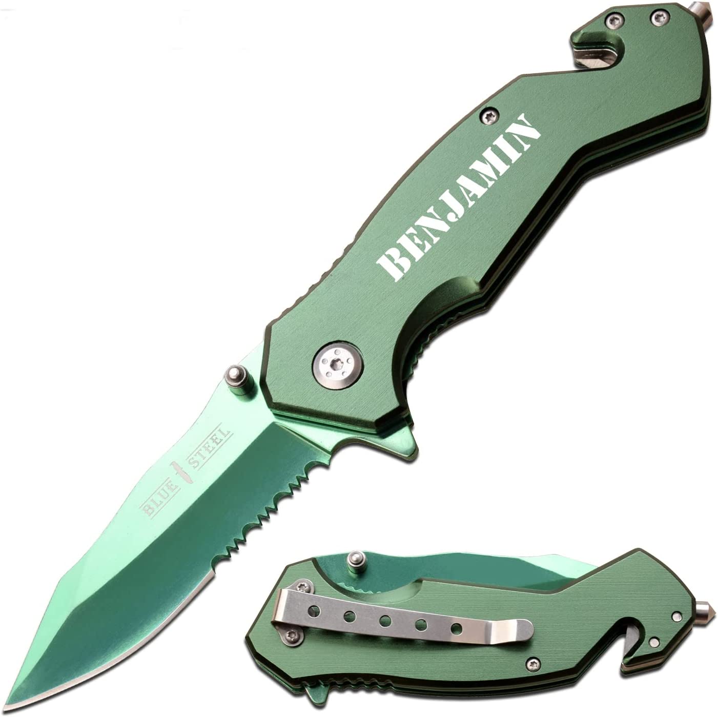 Blue Steel - Personalized Laser Engraved Pocket Knife, Drop Point Pocket Knife - Green