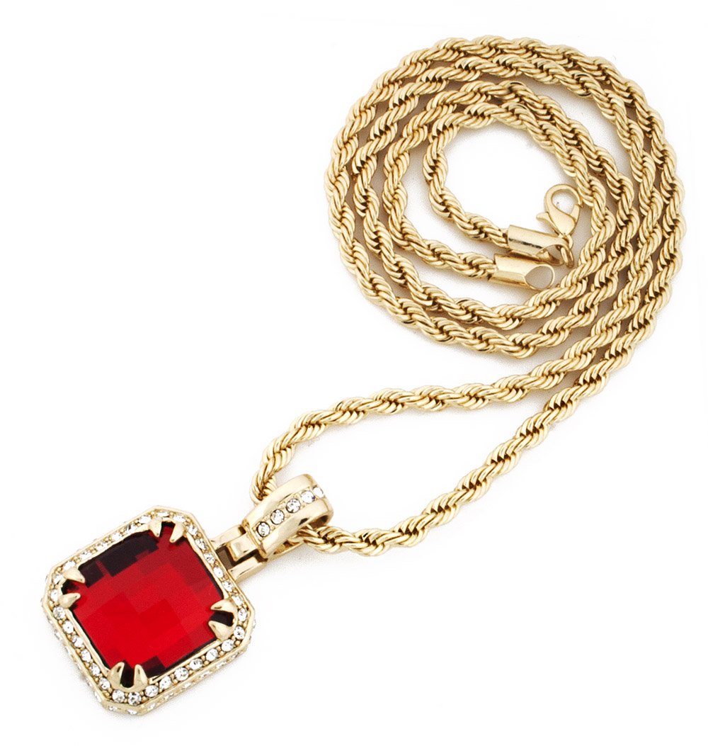 GIFTS INFINITY Gold Tone Synthetic Cz Stone Men Rick Ross Hip Hop Pendant Charm with Free 24" Chain (Red)