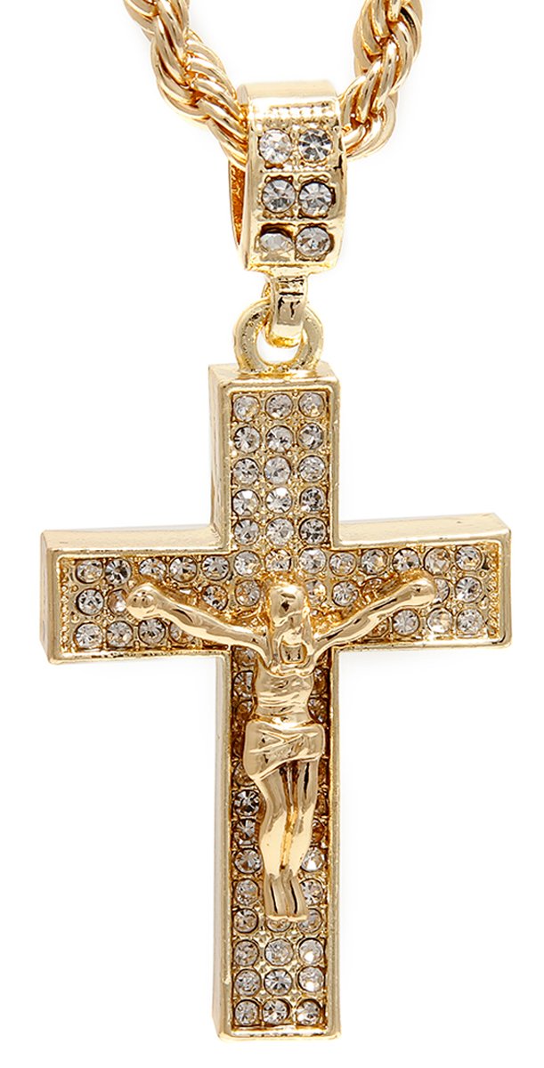 GIFTS INFINITY Hip Hop Bling Gold Tone Block Cross Crucifix Pendant Free 24" Rope Chain #1059