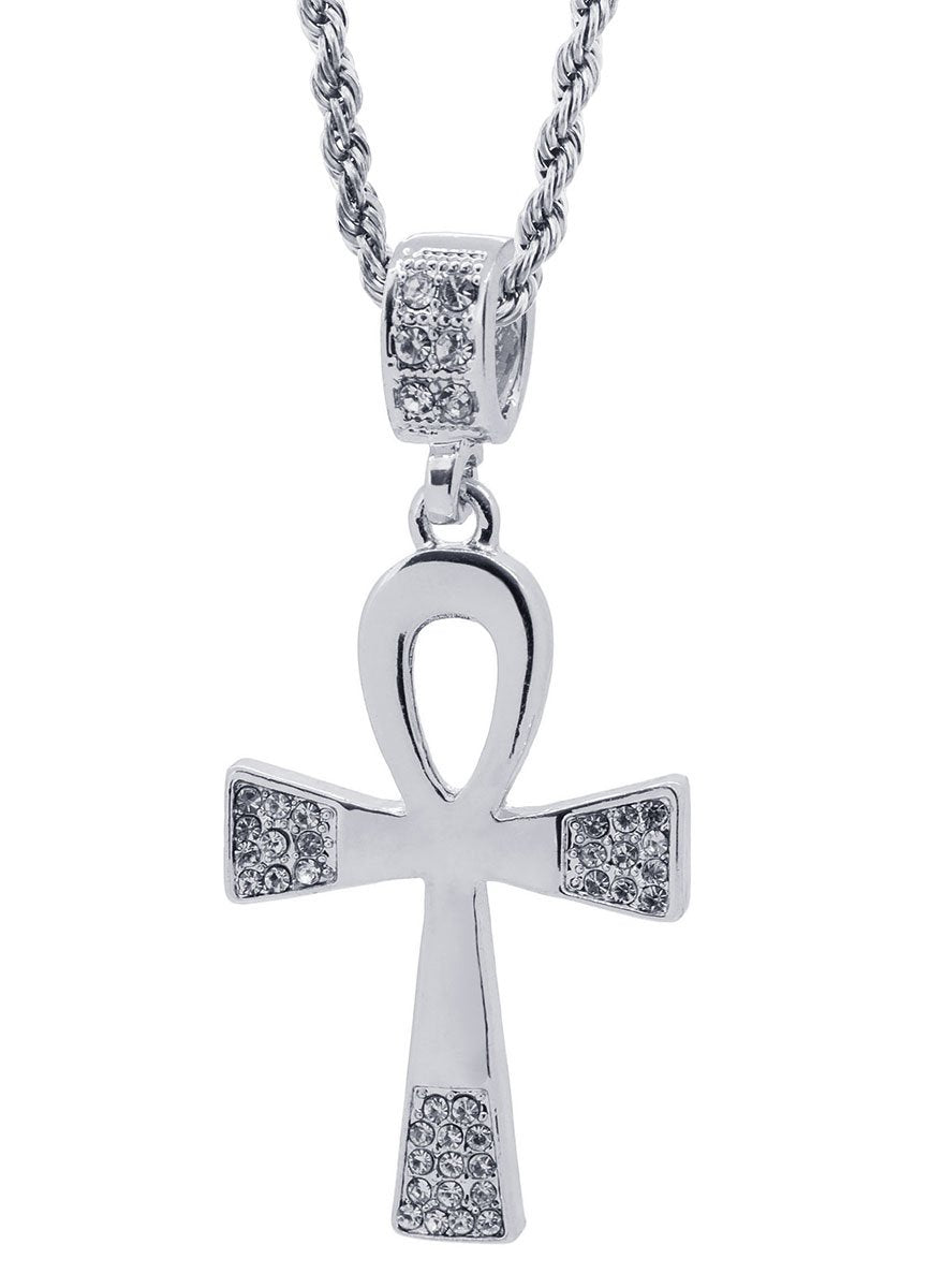 Hip Hop Bling Silver Tone Ankh Cross Pendant Free 24" Rope Chain