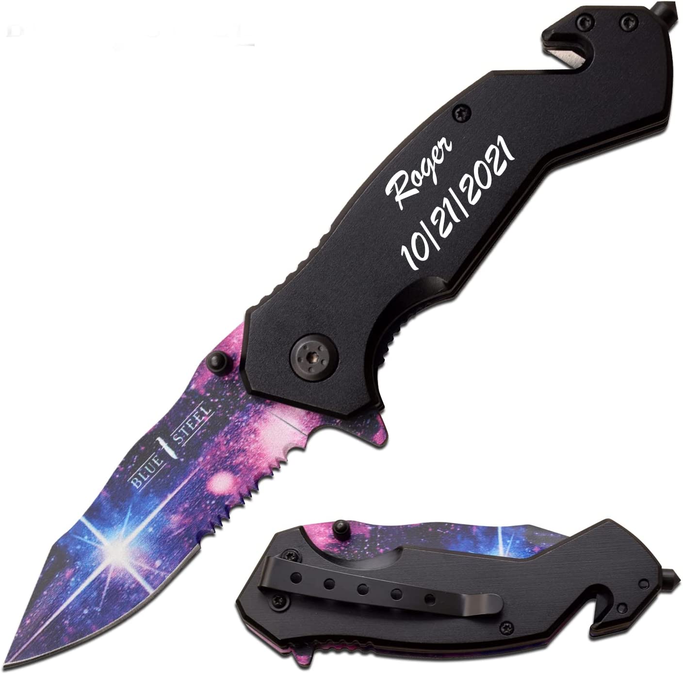 Blue Steel - 4.5" Closed Personalized Laser Engraved Pocket Knife, Free Engraving – Galaxy