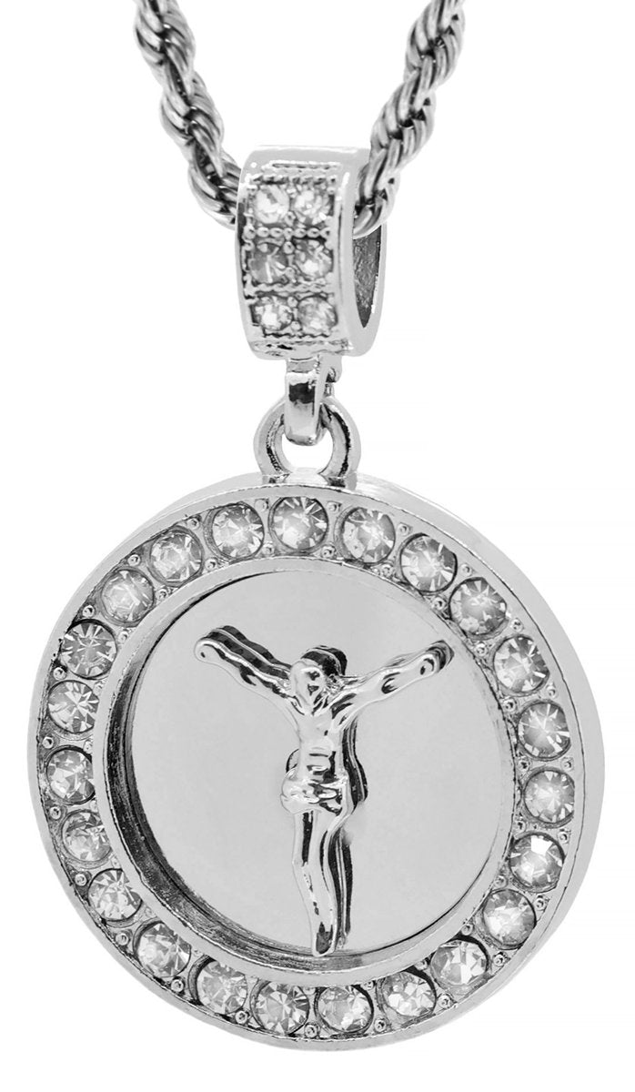 GIFTS INFINITY Silver Tone Round Jesus Christ Crucifix Pendant with Free 24" Rope Chain