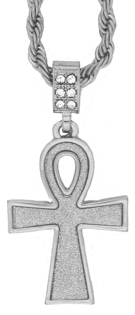 GIFTS INFINITY Silver Tone Oval Ankh Cross Pendant with Pave Stones – Includes 24” Chain