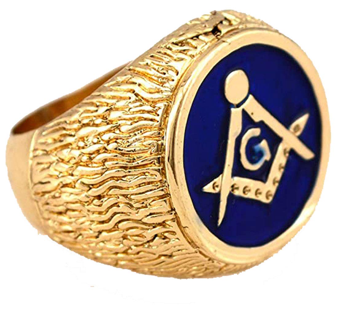 Blingforfun Hip-Hop Gold Tone Mason Masonic Blue Enamel Men's Ring Size 8#2