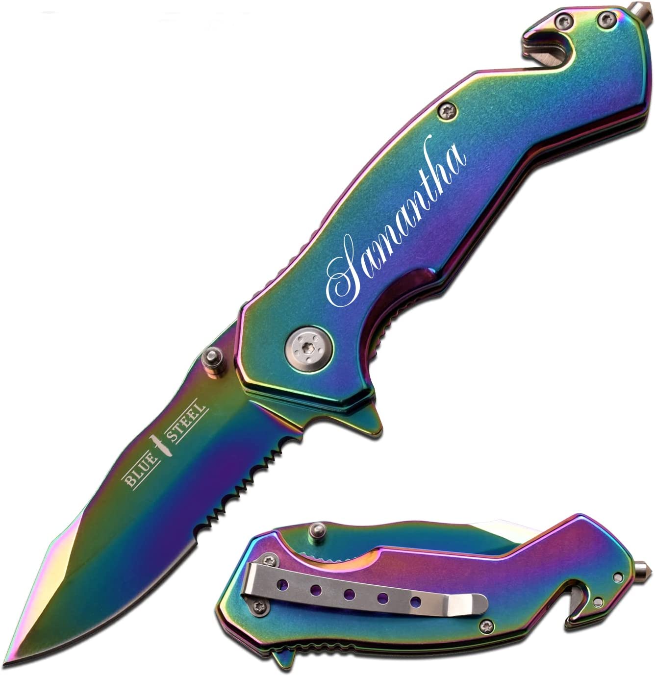 Blue Steel - Personalized Laser Engraved Pocket Knife, Open Tactical Rescue Folding Knife