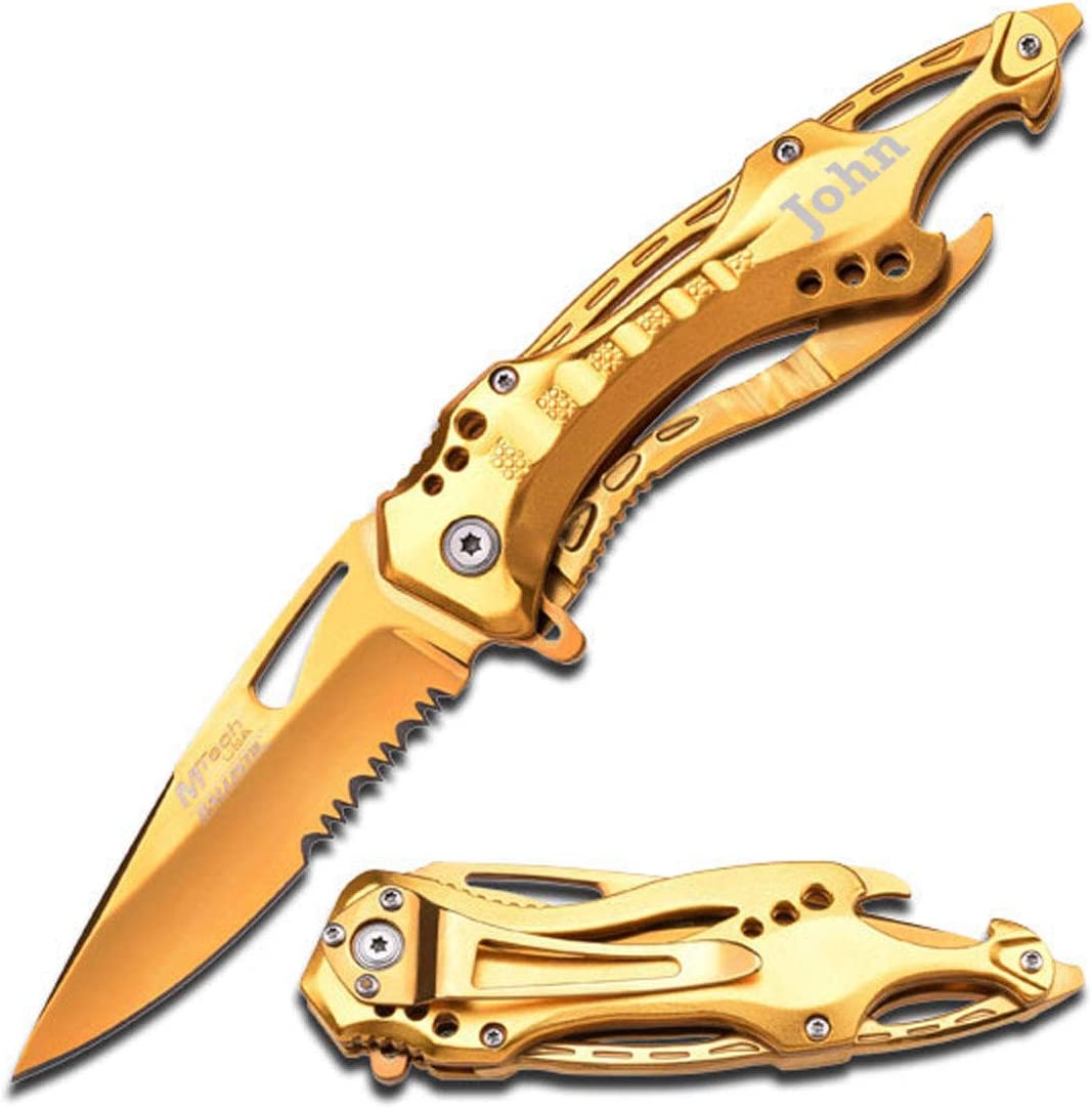 GIFTS INFINITY - Personalized Blue Steel Laser Engraved Pocket Knife - Gold, Pack 1